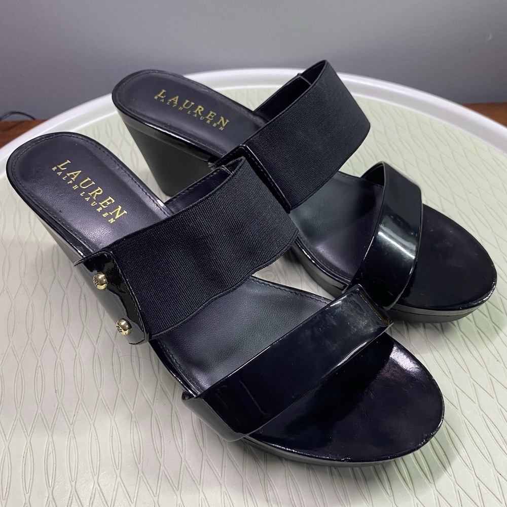 Ralph Lauren Women's Rhianna Black Sandals Slides Wedge Heel Shoes Sz.8.5B